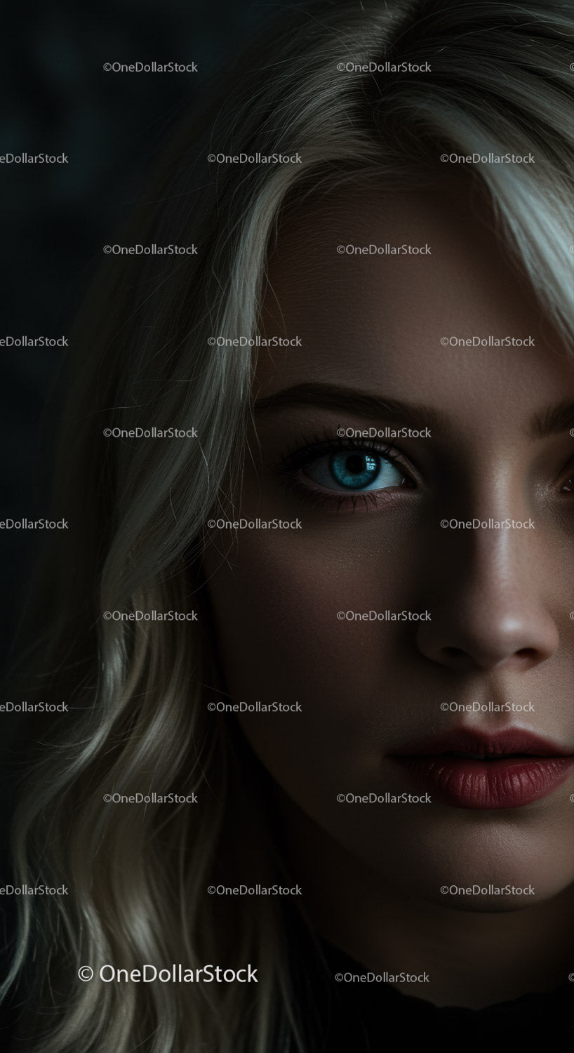Close up portrait of blonde woman with striking blue eyes