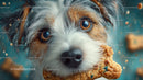 Close-up of a cute dog with a cookie in its mouth and expressive eyes