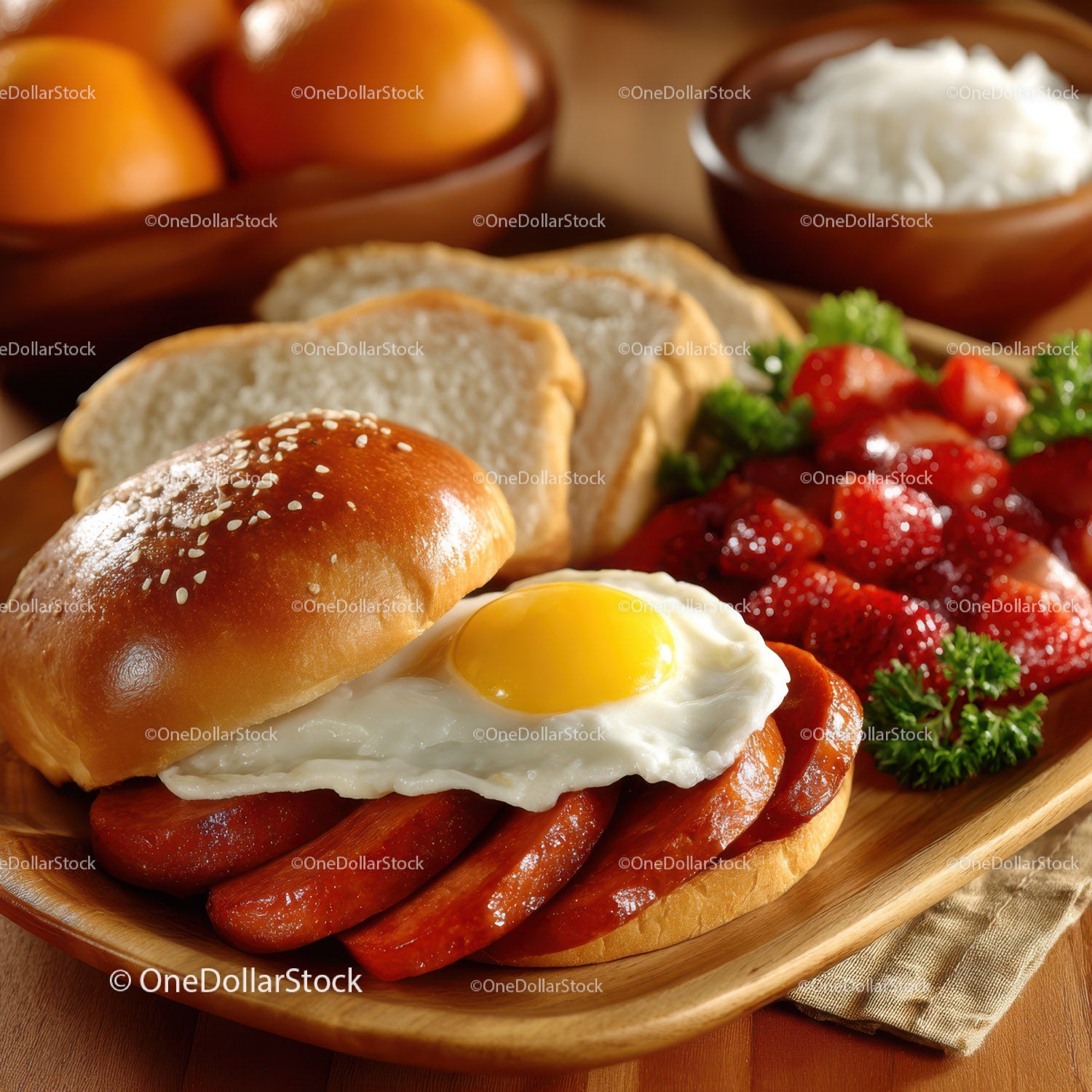 Hearty English Breakfast with Fried Egg Bacon Sausage and Strawberries