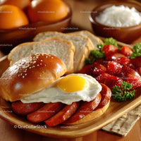 Hearty English Breakfast with Fried Egg Bacon Sausage and Strawberries