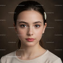 Elegant Female Portrait with Brown Eyes and Pearl Hairpin