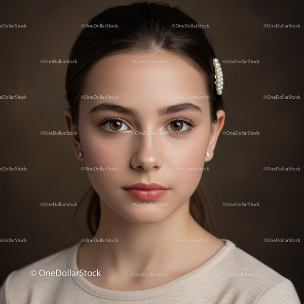 Elegancki Portret Kobiety z Brązowymi oczami i Perłową Spinką do Włosów