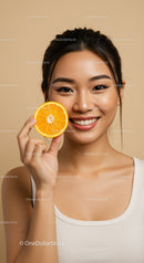 Young Woman Smiling with Orange Slice in Studio Portrait
