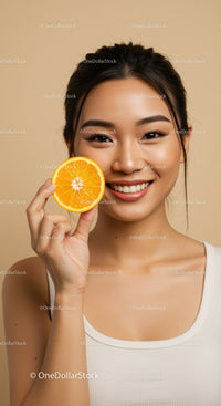 Young Woman Smiling with Orange Slice in Studio Portrait