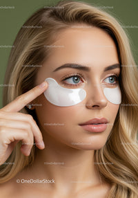 Young Woman with Blonde Hair Applying Eye Patches for Skincare Routine