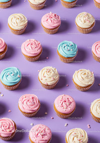 Colorful cupcakes with pastel frosting on purple background