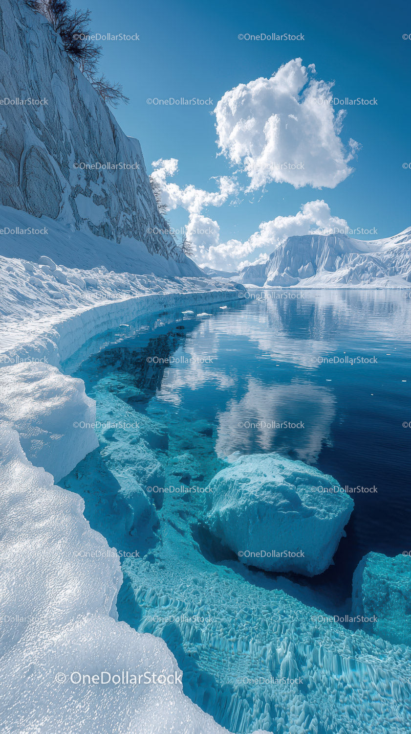 Majestic Snow-Covered Mountain Landscape with Blue Ice and Clouds