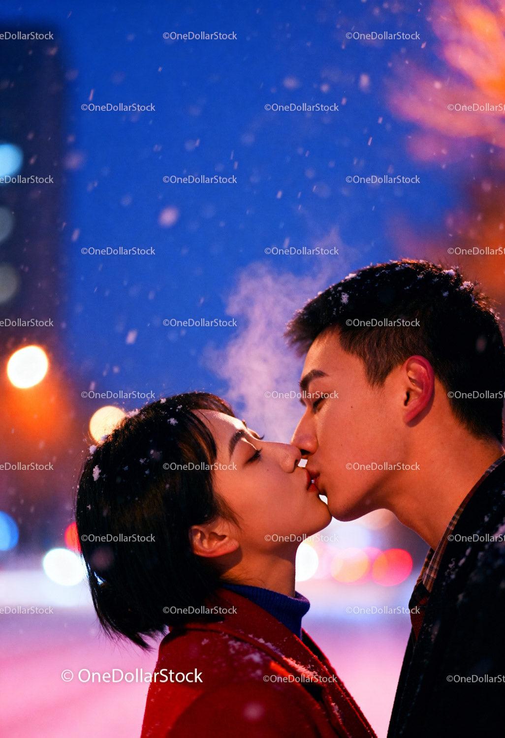 Couple Sharing a Tender Kiss on a Snowy Evening