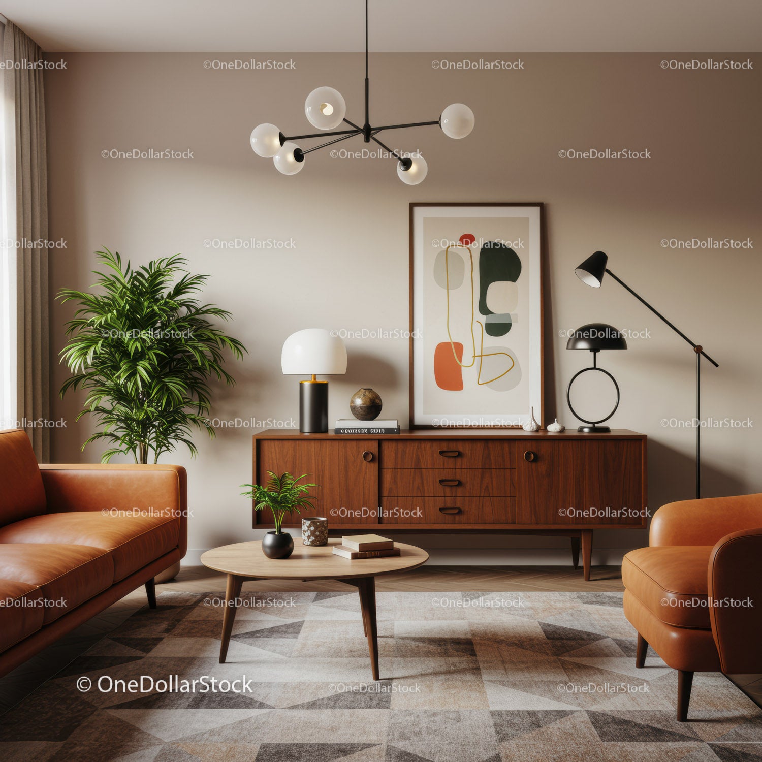 Przytulny salon z meblami w stylu mid-century modern i roślinami