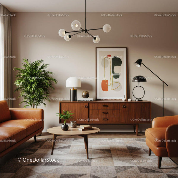 Przytulny salon z meblami w stylu mid-century modern i roślinami