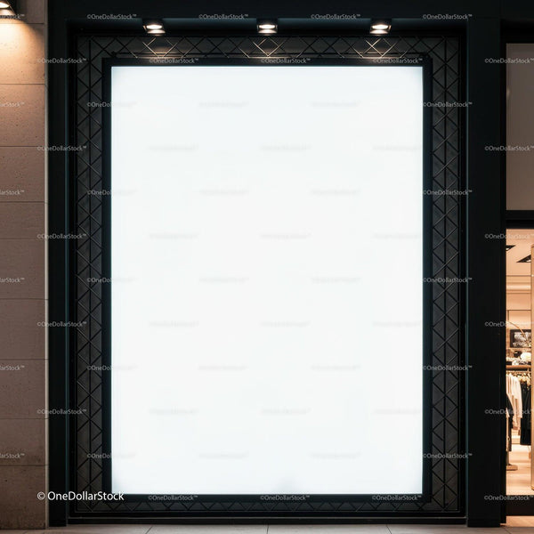 Blank illuminated storefront advertising display at night JPG Mockup Image