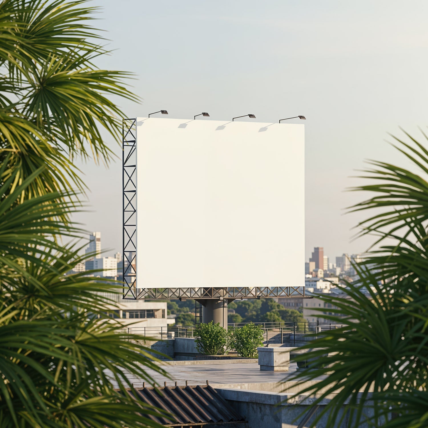 Duży, pusty billboard na dachu z miejską zielenią