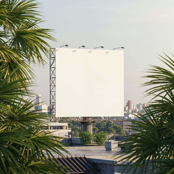 Large blank billboard on rooftop with urban greenery JPG Mockup Image