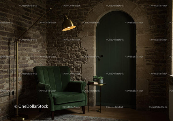 Cozy corner with green armchair and warm lighting
