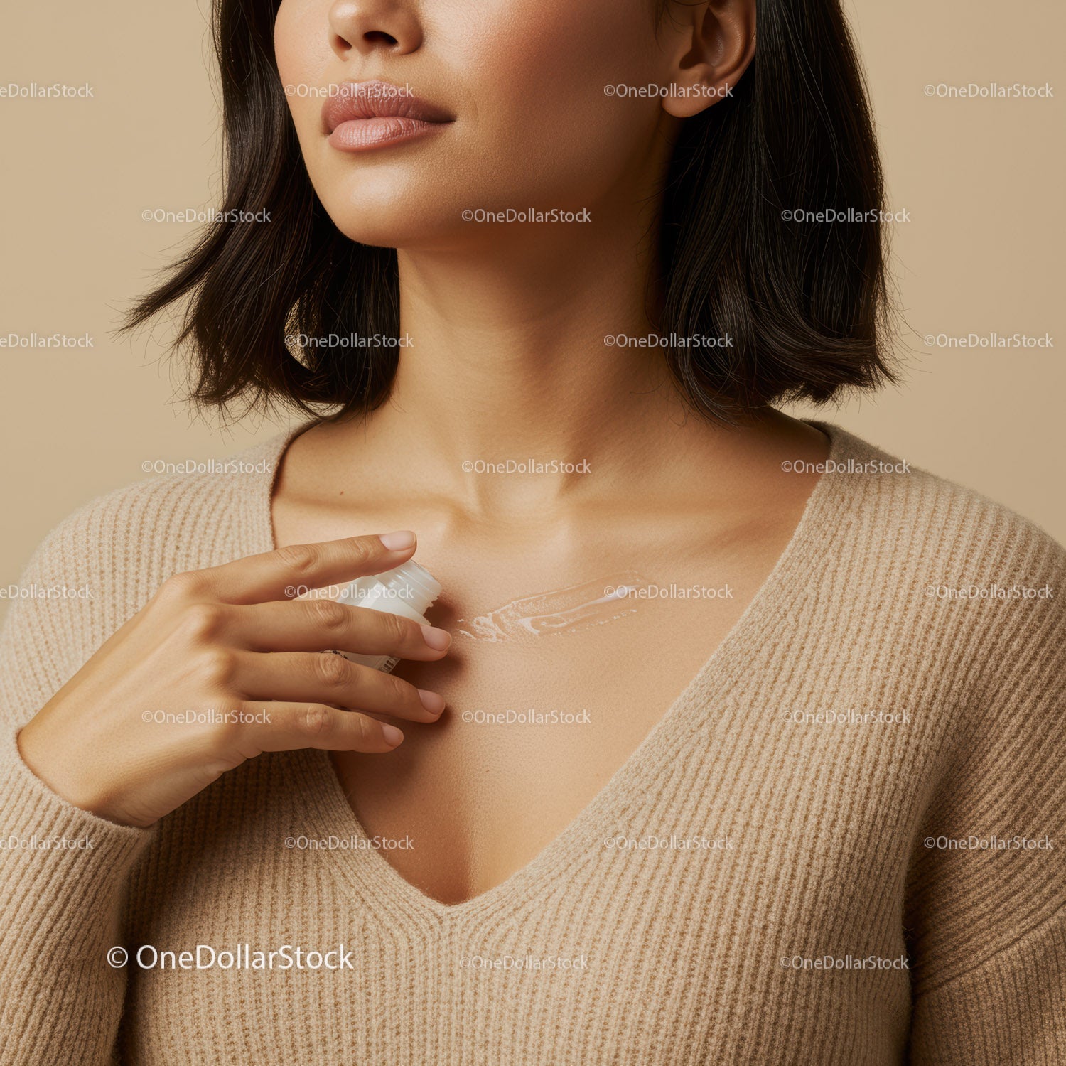 Elegant Woman Applying Cream to Neck in Neutral Tones for Skincare