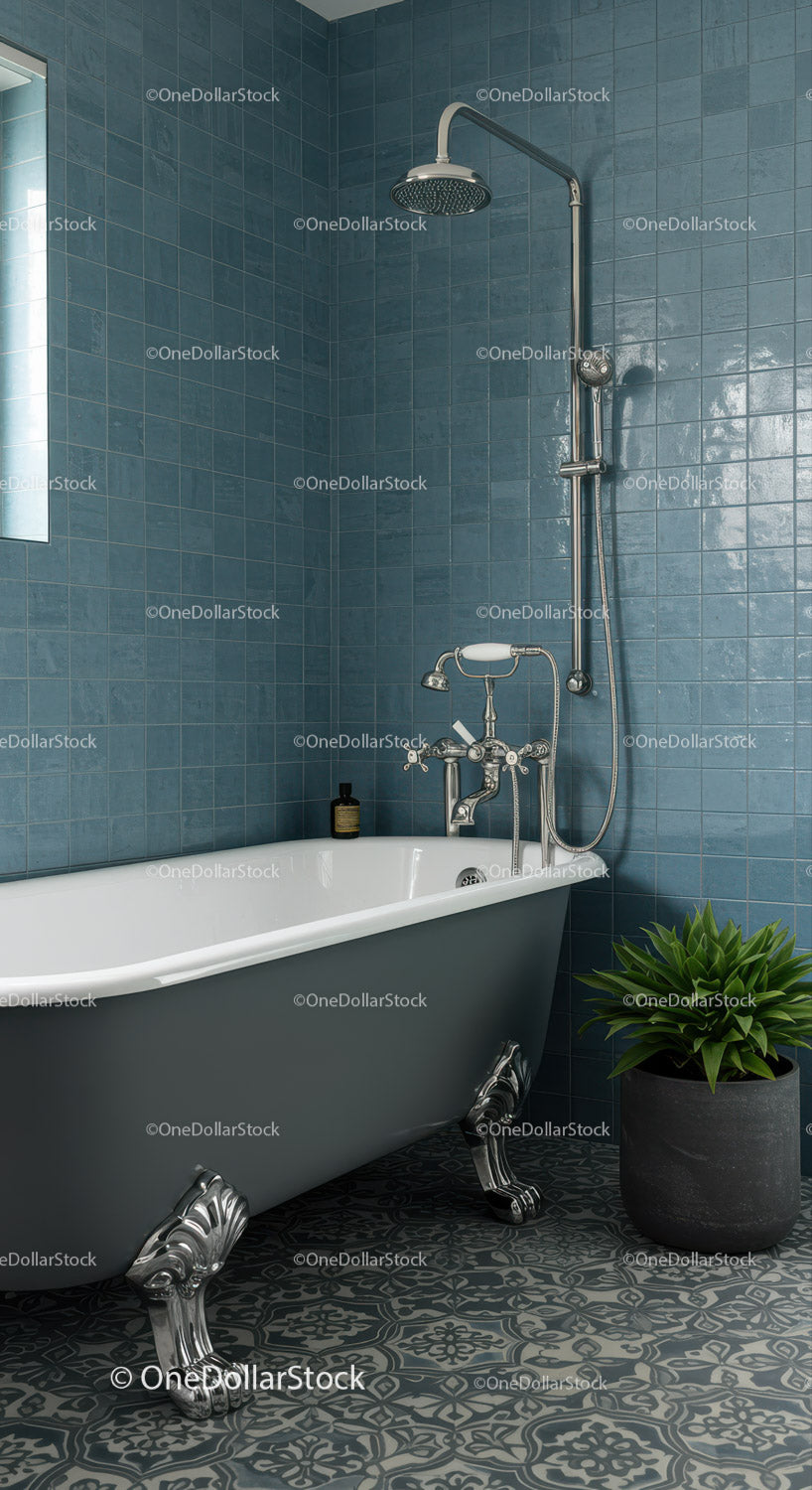 Classic clawfoot bathtub in serene blue tiled bathroom