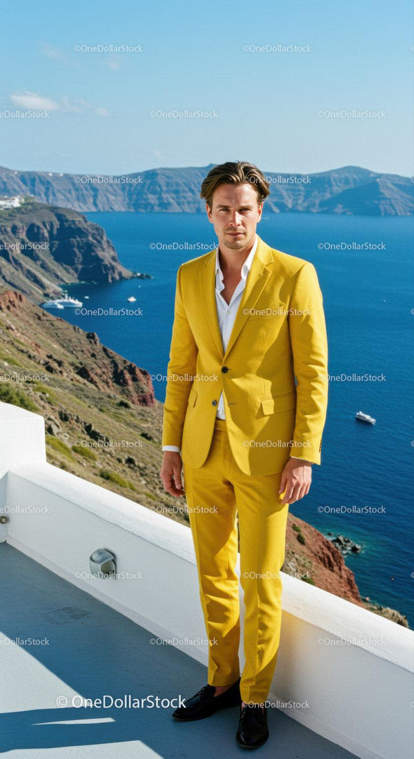 Man in Yellow Suit Standing by Coastal Cliffside View