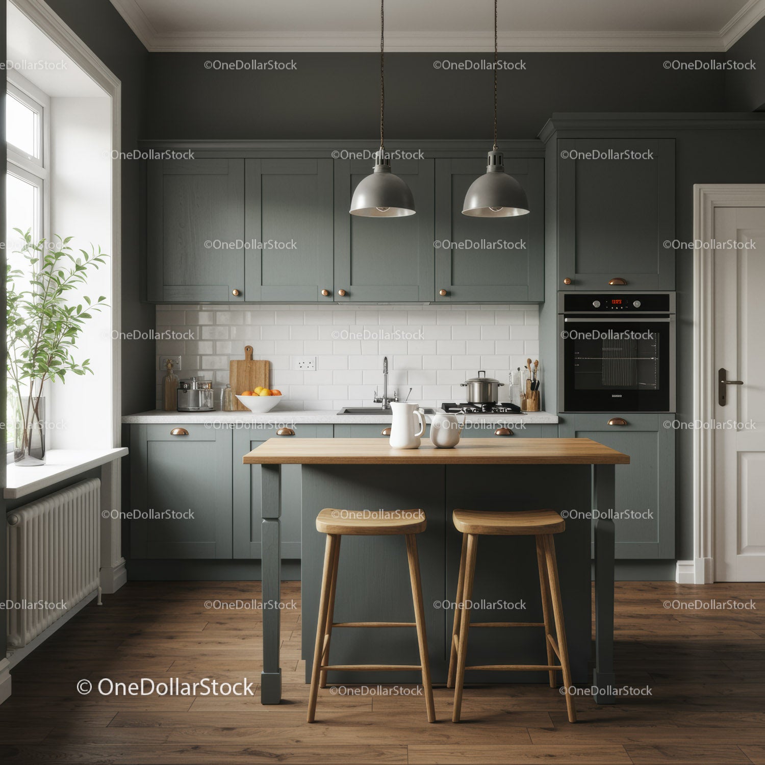 Modern Kitchen with Gray Cabinets and Wooden Stools