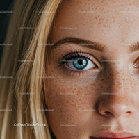 Close up of freckled woman with piercing blue eye