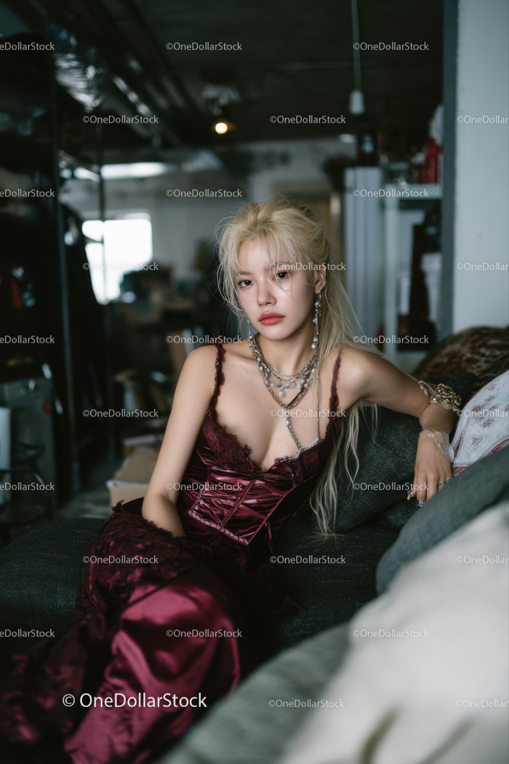 Fashionable Woman Wearing Burgundy Satin Dress with Jewelry