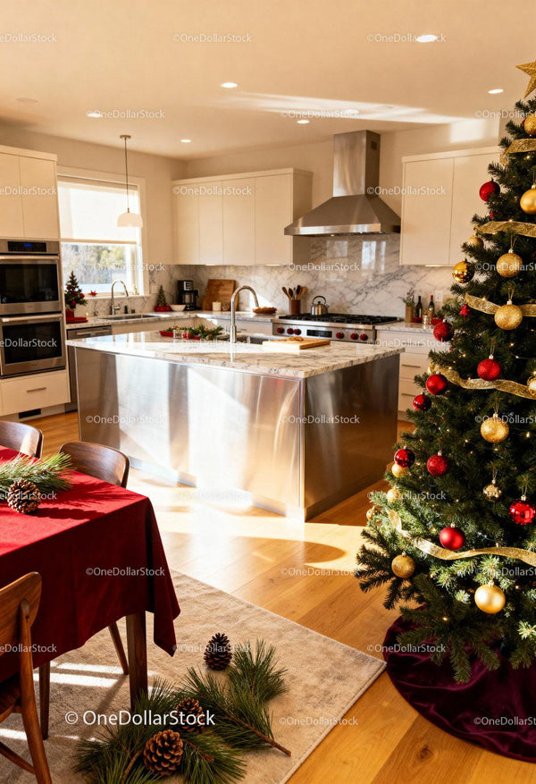 Modern kitchen decorated for cozy Christmas celebration