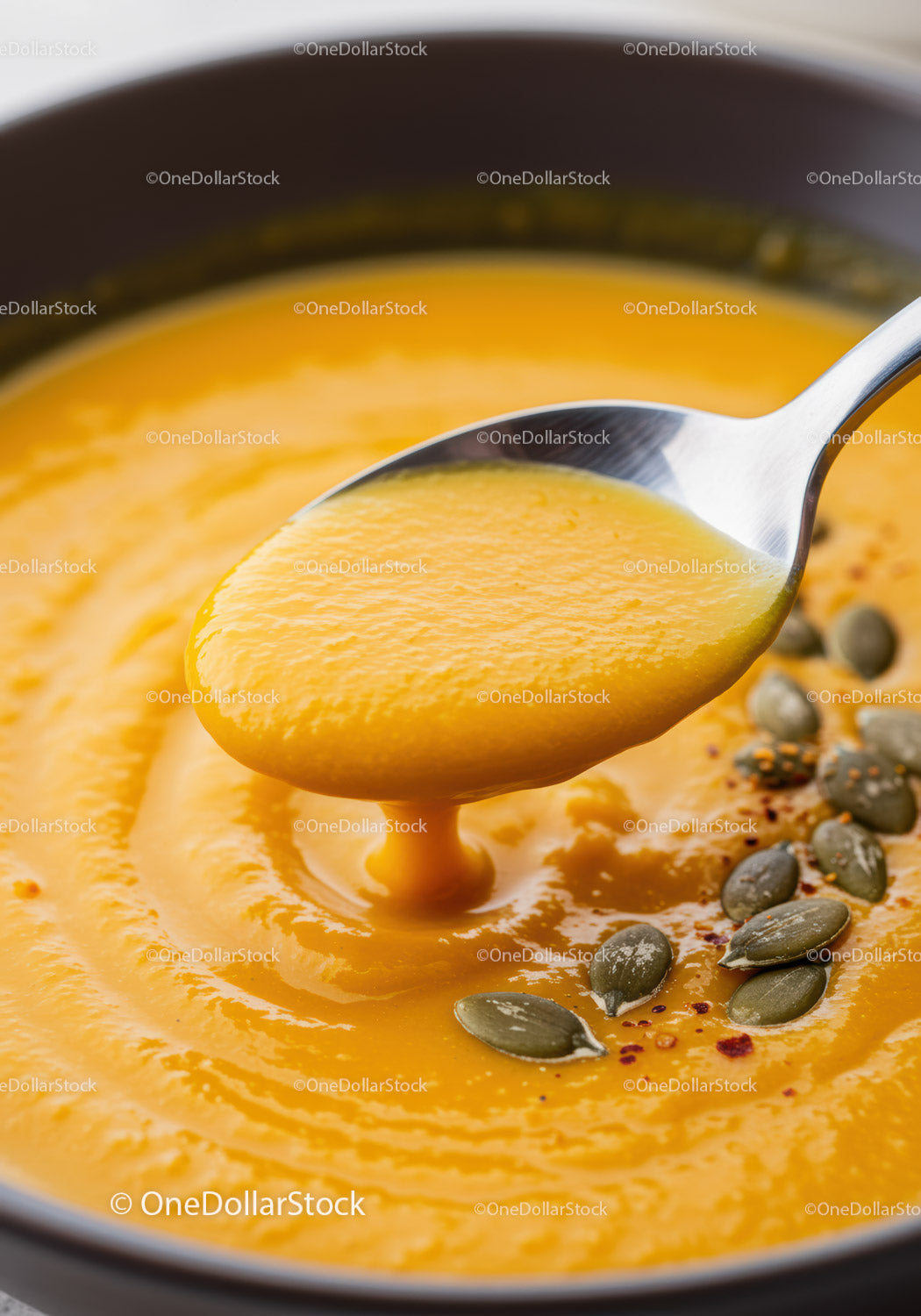 Creamy pumpkin soup with pumpkin seeds and spoon