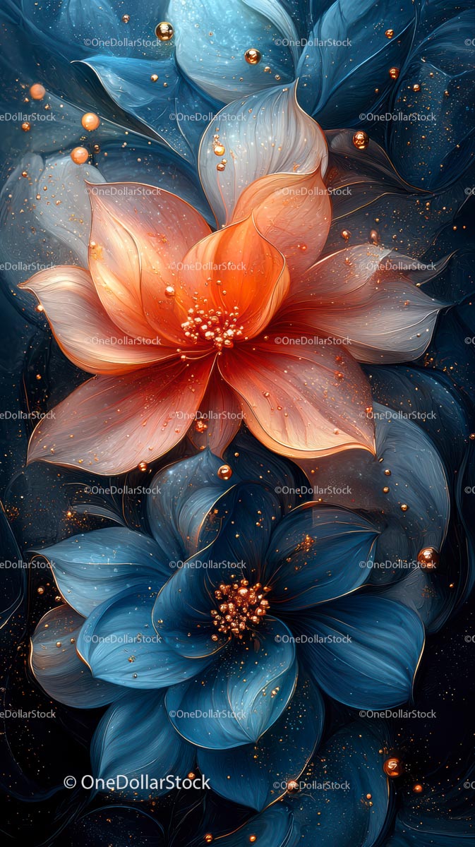 Abstract Blue and Orange Floral Art with Glossy Petals