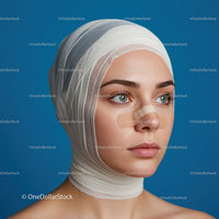 Close-up of a Woman with Bandage on Head and Healing Wound