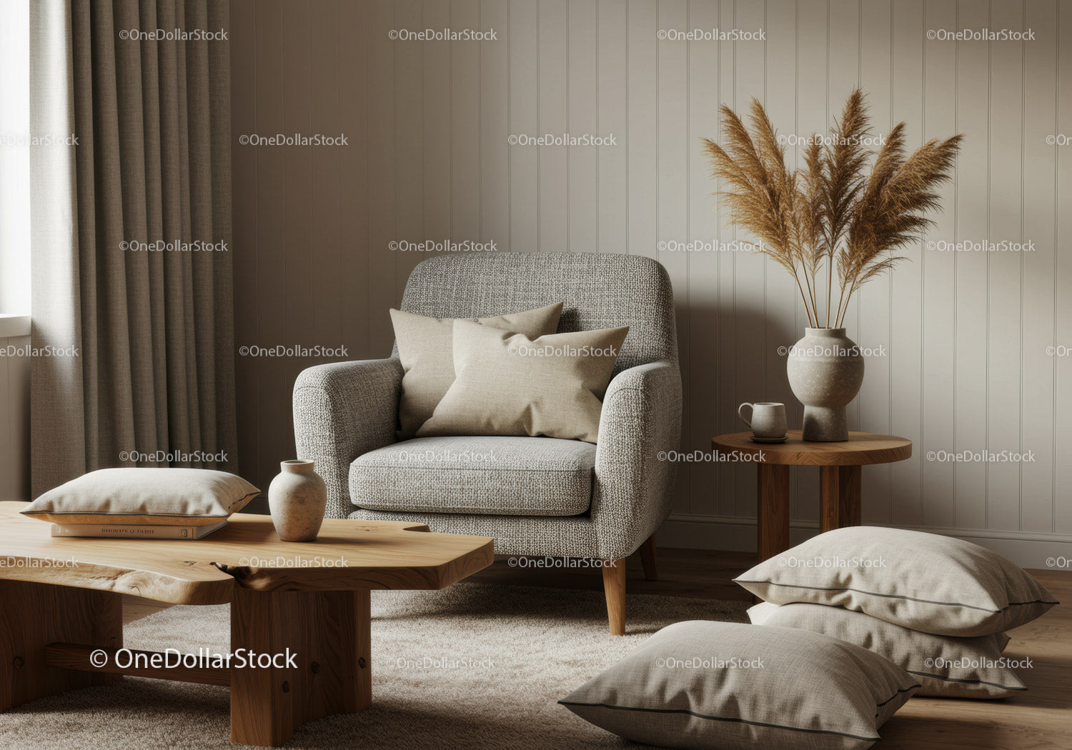 Cozy living room with soft armchair and natural decor