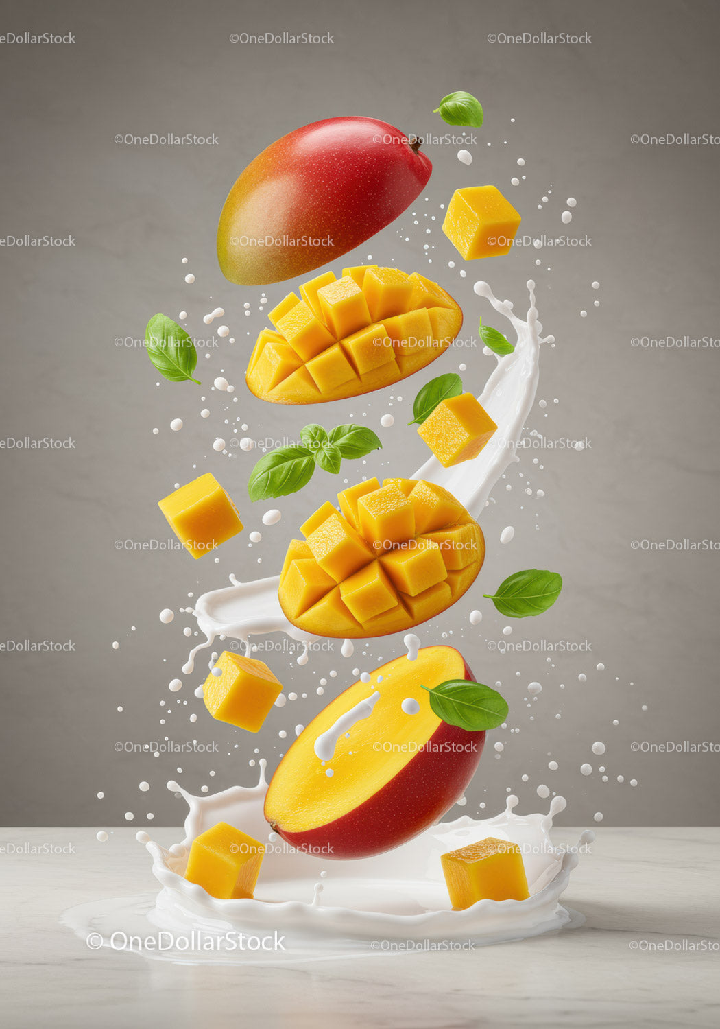 Świeże kostki mango z liśćmi bazylii i odrobiną mleka