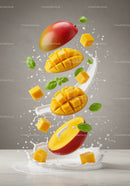 Fresh Mango Cubes with Basil Leaves and Splashing Milk