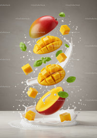 Fresh Mango Cubes with Basil Leaves and Splashing Milk
