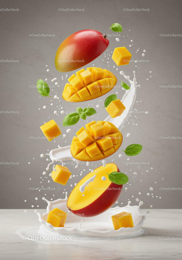 Fresh Mango Cubes with Basil Leaves and Splashing Milk