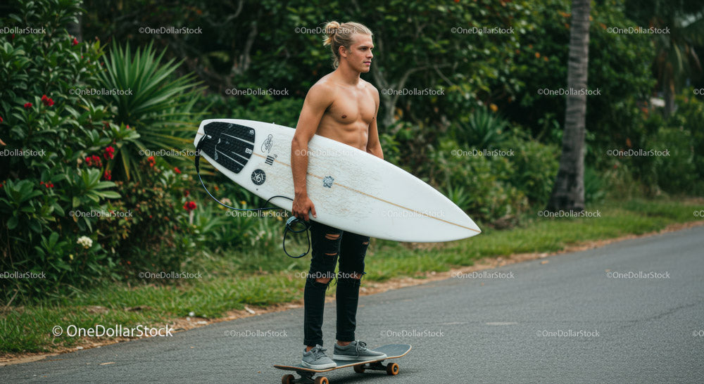 Young man riding skateboard with surfboard in outdoor tropical setting