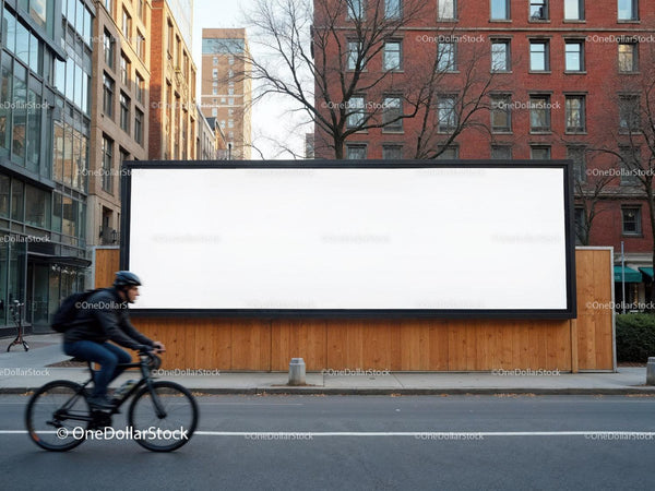 Miejski cyklista mijający dużą pustą reklamę na ulicy