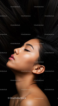 Portrait of serene woman with flowing black hair