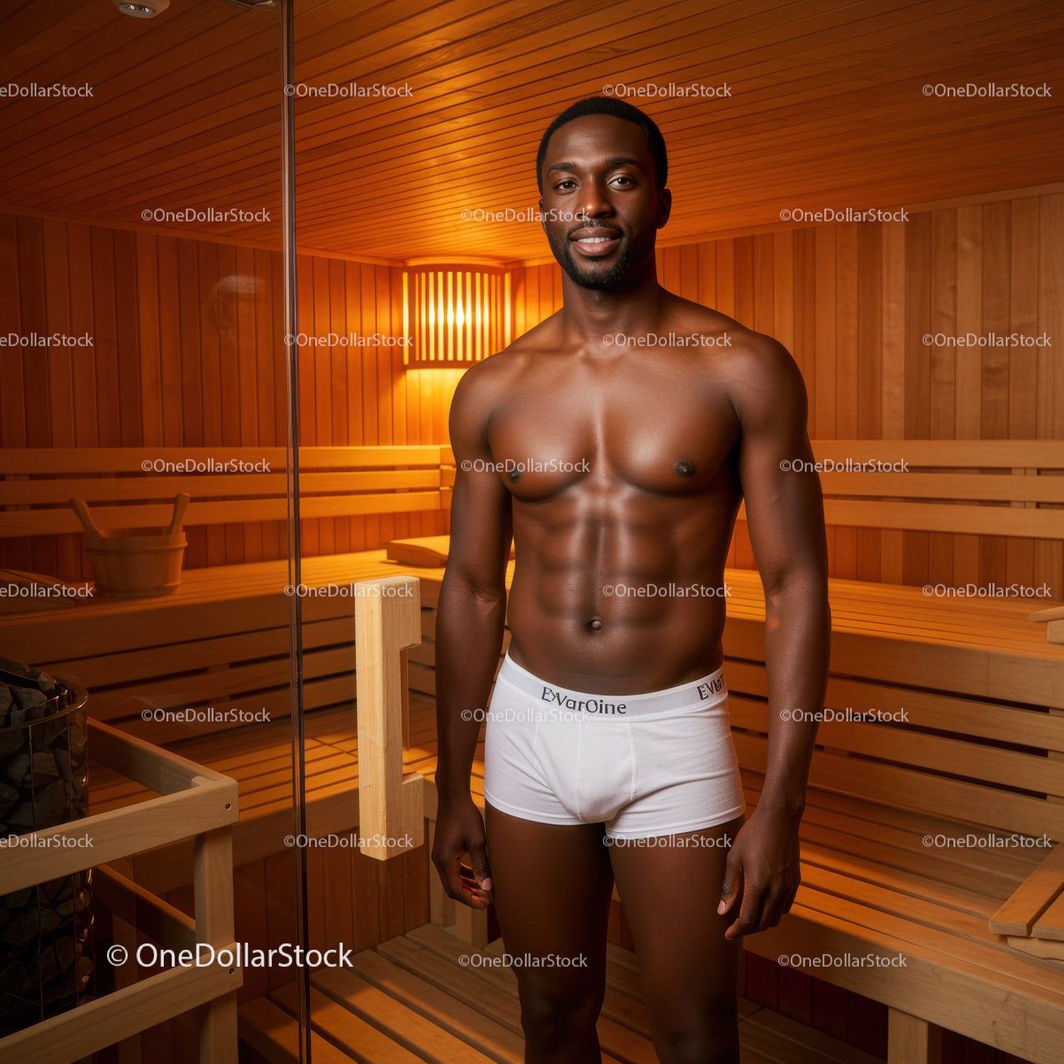Male Model in a Wooden Sauna with Toned Physique and Relaxing Atmosphere