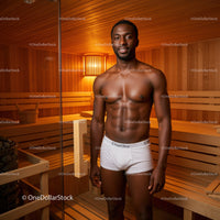 Male Model in a Wooden Sauna with Toned Physique and Relaxing Atmosphere