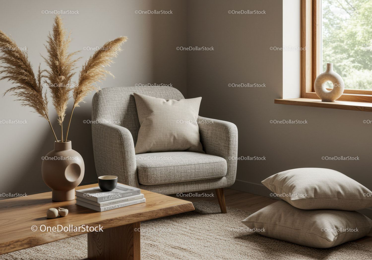 Cozy armchair corner with natural decor and soft cushions
