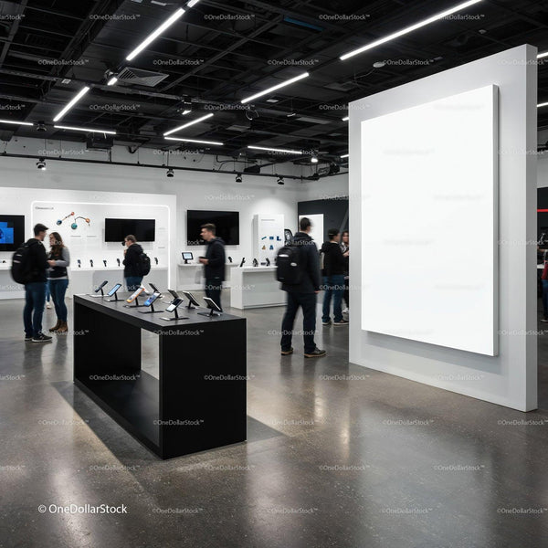 Modern Tech Store Interior with Smart Gadgets Display JPG Mockup Image