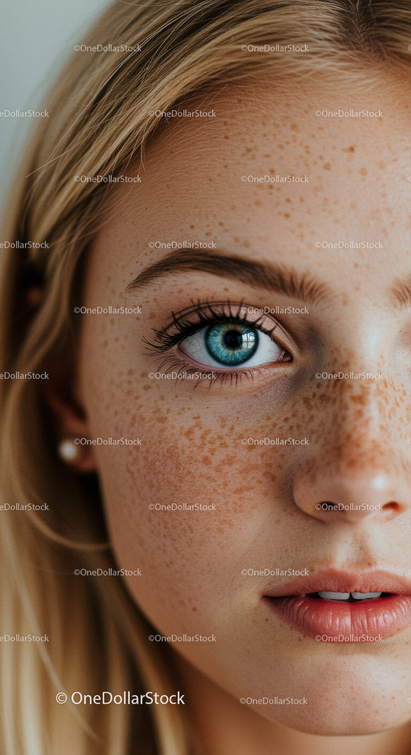 Close-up of young woman with blue eyes and freckles