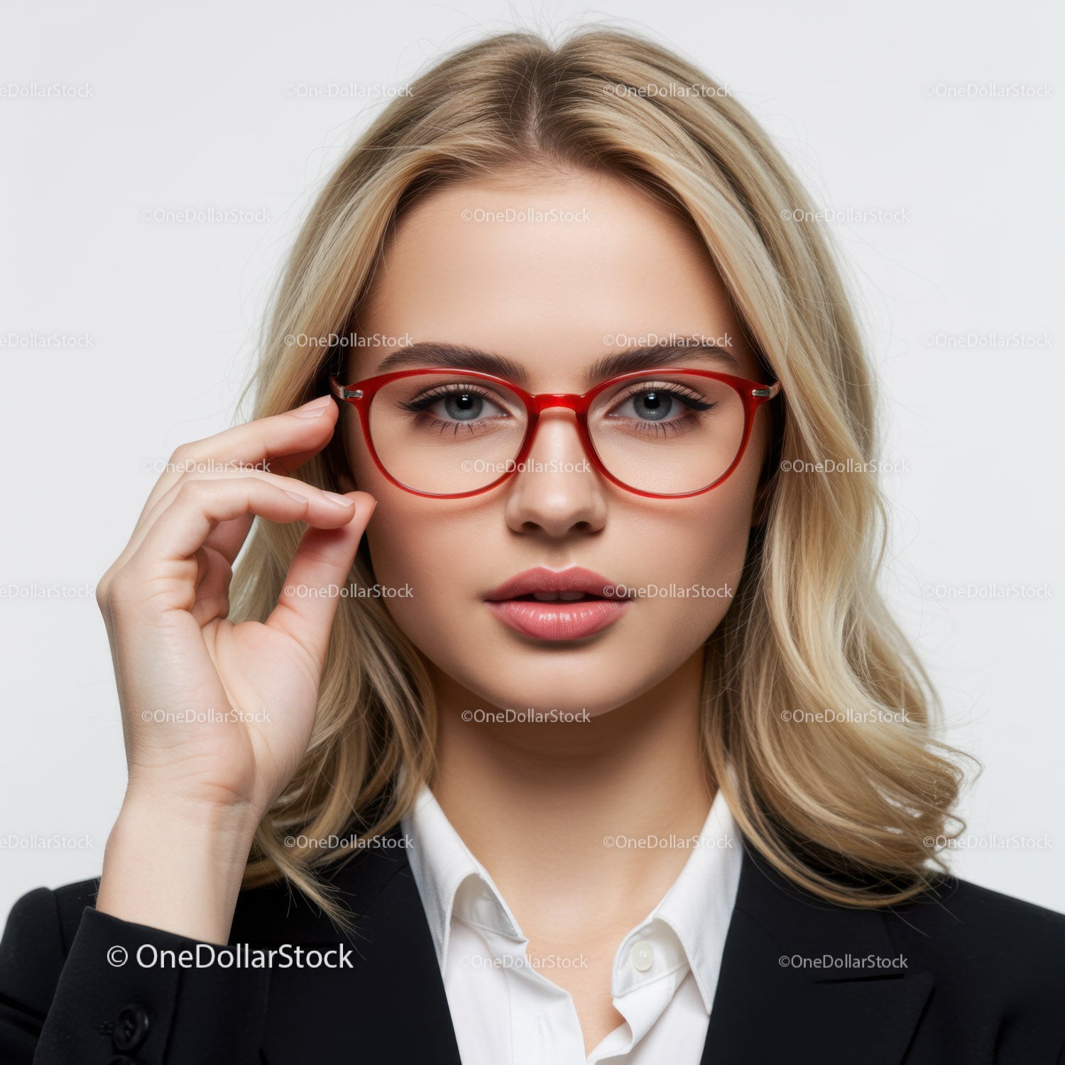 Elegancka kobieta w czerwonych okularach z blond włosami w stroju biznesowym