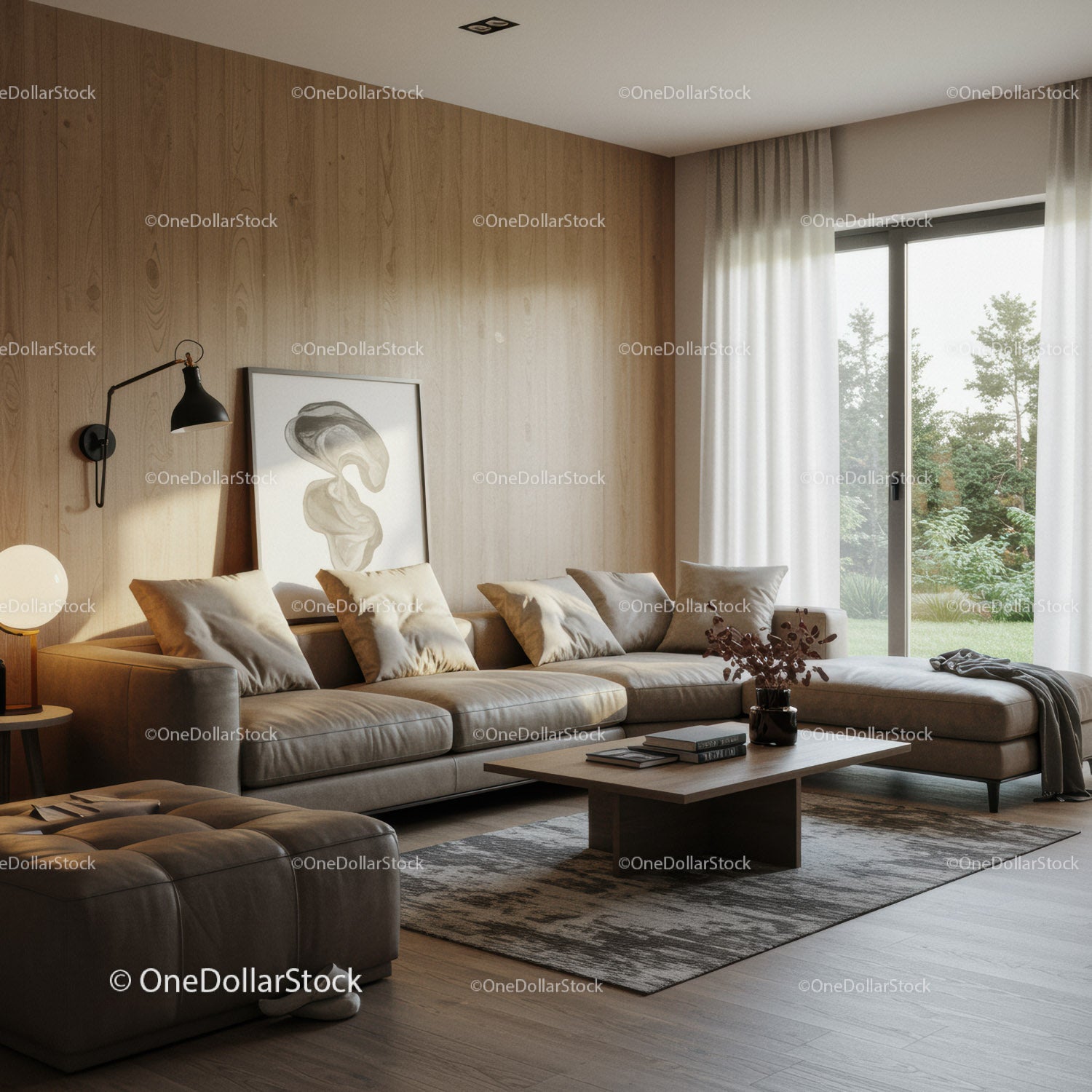 Przytulna beżowa sofa w nowoczesnym salonie z dużym oknem i drewnianą ścianą