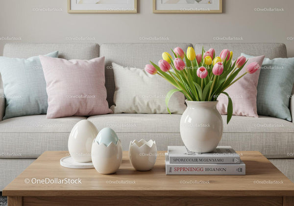 Spring tulips in white vase on wooden coffee table