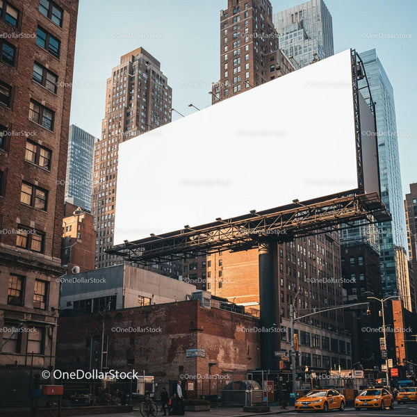 Urban scene with blank billboard above city street JPG Mockup Image