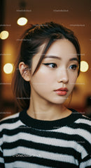 Elegant Young Woman with Winged Eyeliner and Stylish Hair