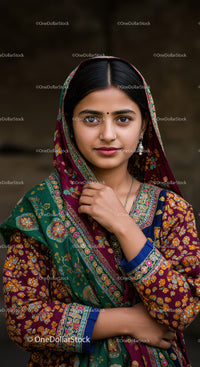 Portrait of an Indian Woman in Traditional Colorful Attire