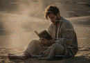 Man in Casual Clothing Reading Book in Desert During Dust Storm