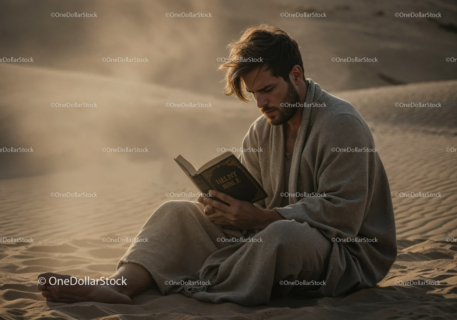 Man in Casual Clothing Reading Book in Desert During Dust Storm