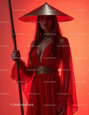 Elegant Woman in Red Dress with Accessories Against Red Background